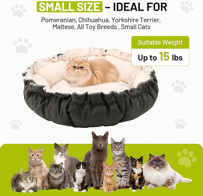 20.8Inch Cat Bed for Indoor Cats, 2-Sided Reversible Pet Bed, Adjustable Drawstring Kitten Bed, Small Dog Beds and Furniture for Puppy, Kitty, with Black Water-Resistant Anti-Slip Bottom