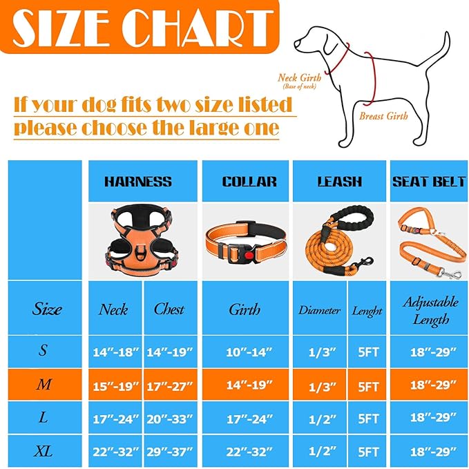 No Pull Dog Harness, Collar & Leash Set | Includes Dog Seat Belt, Collapsible Bowls & Poop Bag Dispenser. Ideal for Training, Walking, Hiking. Fits Small to Large Dogs(Orange-M)