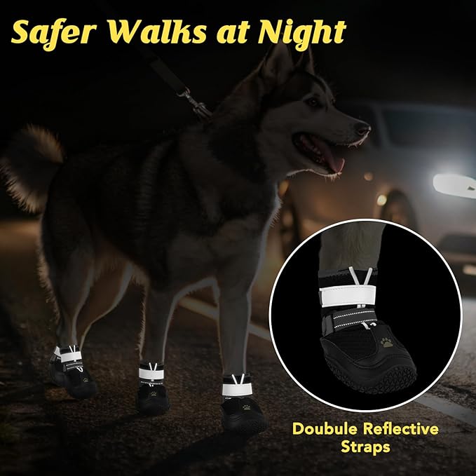 LUCKYPAW Dog Shoes for Large Medium Dogs, Breathable Dog Boots for Hot Pavement, Paw Protectors for Summer Walking Hiking Winter Snow Outdoor, Non Slip Reflective Booties for Hardwood Floor (Black, 6)