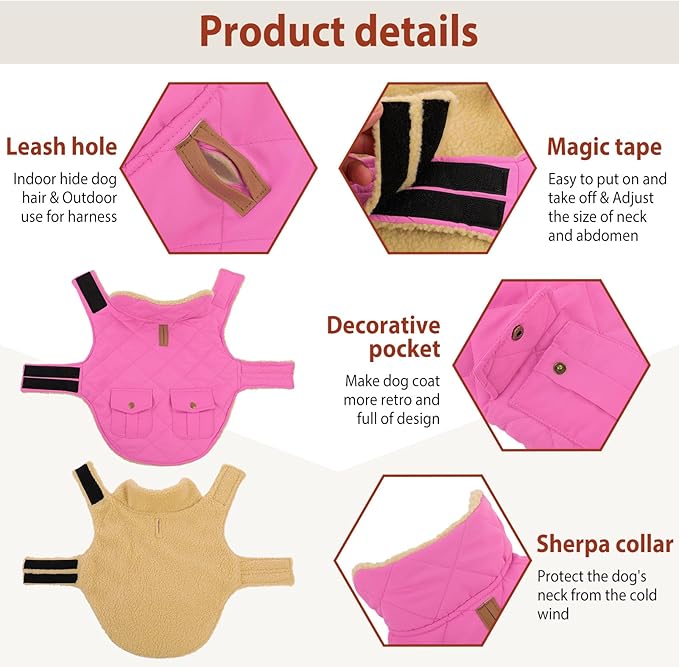 Winter Coat for Small and Medium Dogs, Puppy Plaid Jacket, Cotton Coat for Cold Weather, Windproof Warm Dog Garments, Pet Thickened Outfits Indoor Outdoor, Pink XS