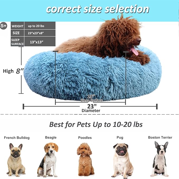 Small Dog Donut Bed for Small Dogs Machine Washable,Calming Donut Blue Dog Bed for Small Puppy with Anxiety，with Fluffy Soft and Comfy Faux Fur Cuddler Pet Bed for Small Pets