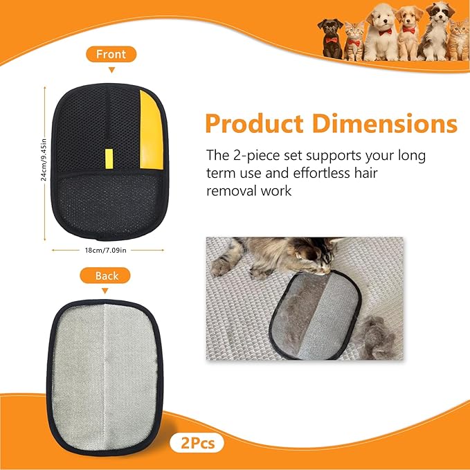 2 Pcs Pet Hair Removal Glove for Cats & Dogs,Newly Upgraded Pet Hair Gloves Electrostatic Pet Hair Remover Gloves,Reusable Pet Hair Remover Tool For Couch Clothes Carpet Car Seat,9.45 *7.1 in
