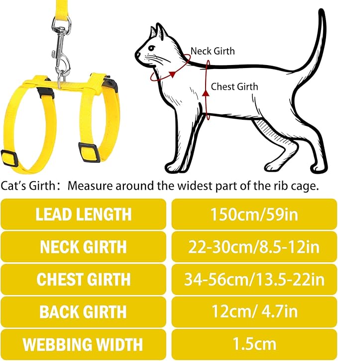 PUPTECK Adjustable Cat Harness and Leash Set Escape Proof Kitten Strap Collar for Walking Travel, Yellow, M
