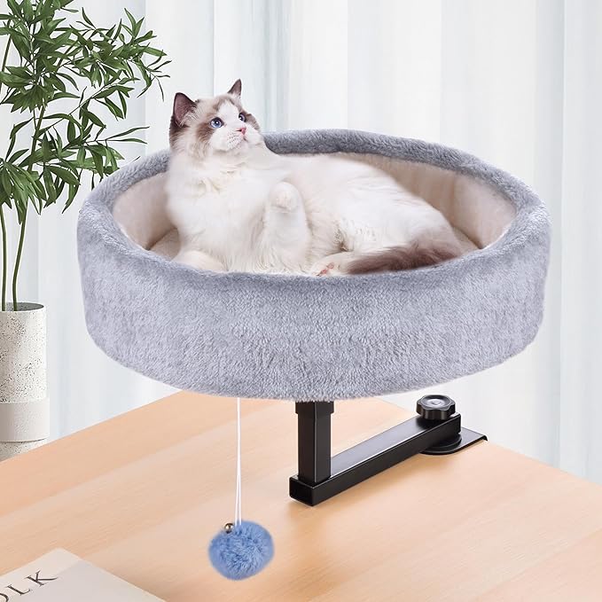 Cat Desk Bed - 360°Rotating & Adjustable, Supports Up to 44 lbs, Soft Faux Fur Fabric, Desk Cat Nest Bed Modern Indoor Cat Furniture for Office Desks and Game Tables, Island Table