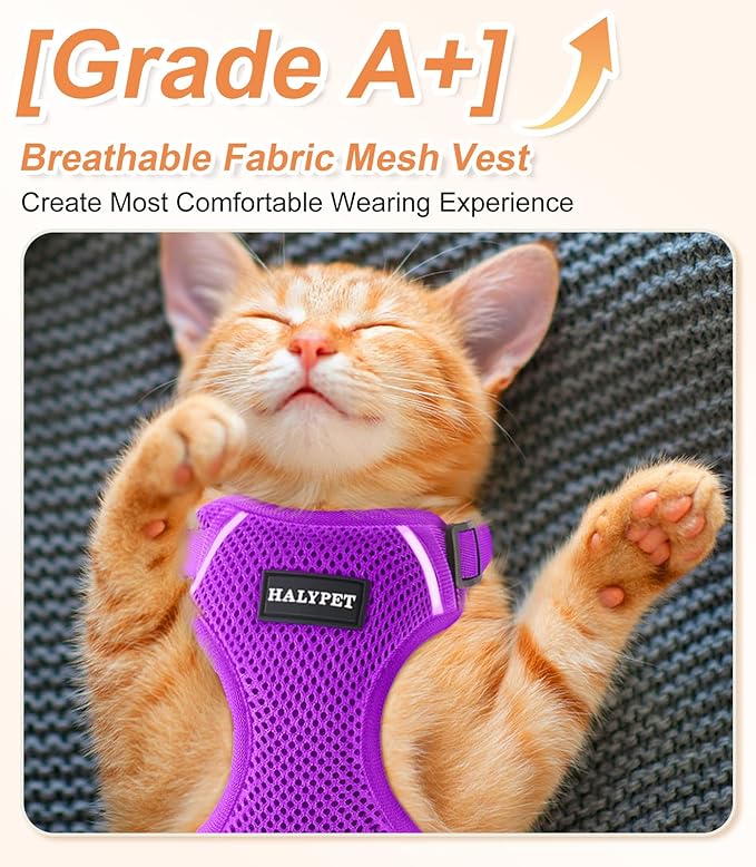 Halypet Cat Harness and Leash Set [ MAX Safety Third Generation ] Escape Proof Soft Adjustable Cat Leash Breathable Comfortable Vest Easy to Wear Kitten Harness for Outdoor Walking Purple Small