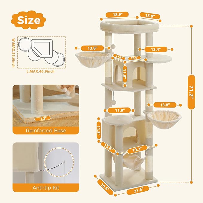 Tall Cat Tree for Indoor Cats Large Adult, 71.2" Multi-Level Cat Tower with 2 Spacious Condos, 3 Hammocks, Super Large Top Perch, 2 Pompoms, Beige