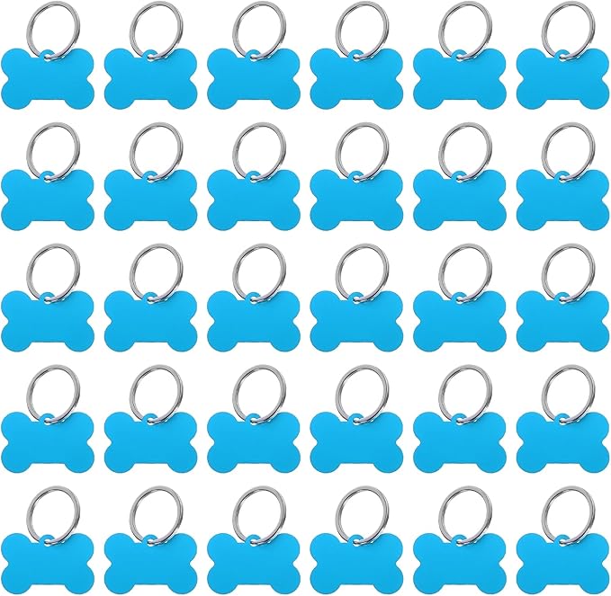MECCANIXITY Bone Shaped Dog Tag Pet ID Tags, 38mmx25mm/1.5" x1 Metal Lake Blue Blank Dog Tags Cat Tags with Ring for Dog Cat, Pendant Crafts, Pack of 30