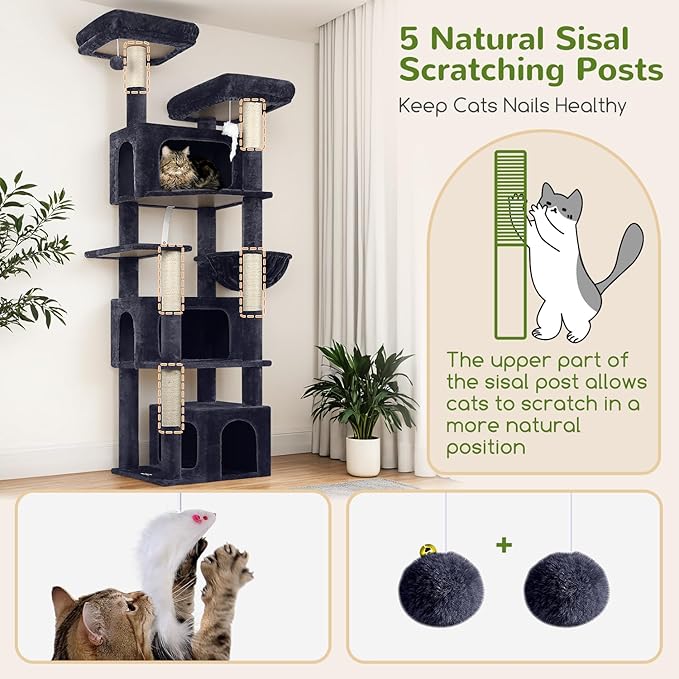 Globlazer Sturdy Cat Tree for Large Cats, 77 inch Large Cat Climbing Tower for Indoor Adult Cats, Cat Scratching Tower with 5 Scratching Posts, 3 Cat Condos, 2 Top Perches, S77, Dark Grey