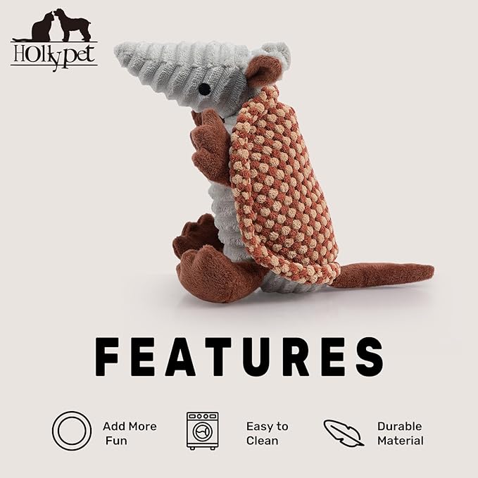 Hollypet Plush Dog Squeaky Toy Stuffed Armadillo Animal Pet Puppy Chew Toys with Clean Teeth for Small Medium Large All Breed Sizes Dogs, Burnt Orange and Light Yellow,8 in