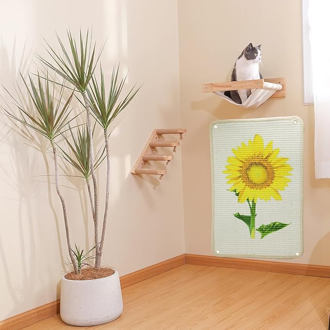 Cat Scratcher Mat, 23.6 X 15.7 Inch Natural Sisal Cat Scratch Mats Sunflower Pattern Cat Scratching Rug Wall Scratchers for Indoor Cats with Adhesive Hook Protect Carpets and Sofas（2Packs）