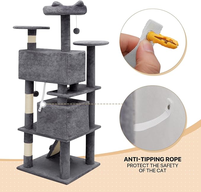 MoNiBloom 54 Inch Cat Tree Tower for Indoor Cats Large Adults, Cat Tower with Scratching Post, Multi-Level Furniture Activity Center with Cat Condo Pet Play House, Smoky Grey