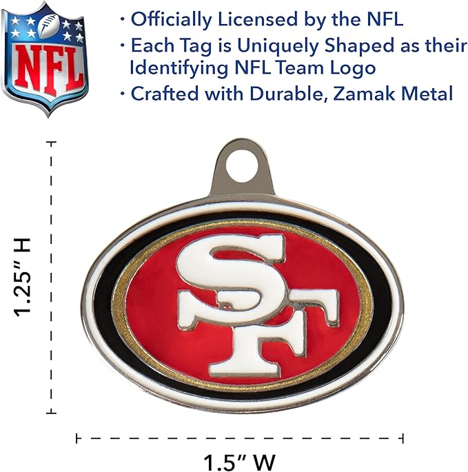 NFL San Francisco 49ERS Engraving Pet ID in 32 Team Logo Shapes - Personalized Dog & Cat Tags with 3 Lines of Customizable Text for Tracking & Safety. Stainless Steel ID Tags