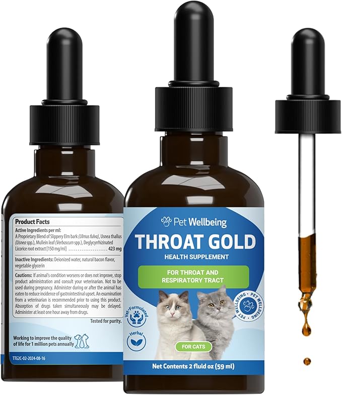 Pet Wellbeing Throat Gold for Cats - Cat Respiratory Support, Occasional Cough & Hoarseness with Mullein & Slippery Elm - NASC Certified & Vet-Formulated - 2 oz Liquid Formula