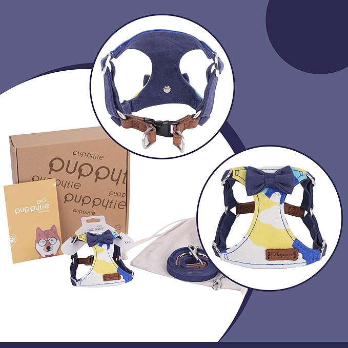 Puppytie No Pull Small Dog Harness with Multifunction Dog Leash,Lightweight Soft Adjustable No Choke Escape Proof Pet Harness Vest Pet Harness Vest,Suede Bow Navy,S