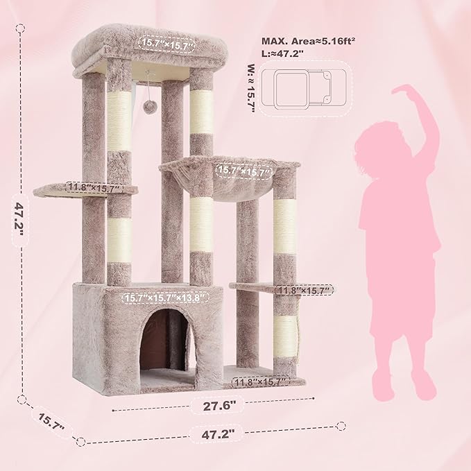 Heybly Heavy Duty Cat Tree, Tower for Indoor Cats Large Adult, Tall Cat Condo House with Extra-Large Baseboard, Multi-Level Plush Furniture with Scratching Posts, Hammock, Toy Ball, Muchroom HCT026MU