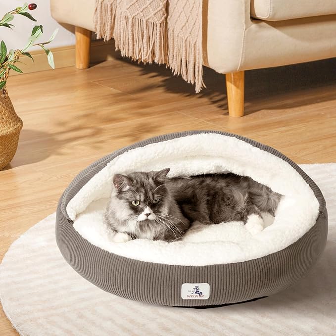 23" Covered Cat Bed Cave for Indoor Cats and Small Dogs - Enclosed Cozy Pet Bed with Hooded Roof for Added Security & Warmth, Washable & Removable Cushion, Anti-Slip Bottom Cat House, Gray