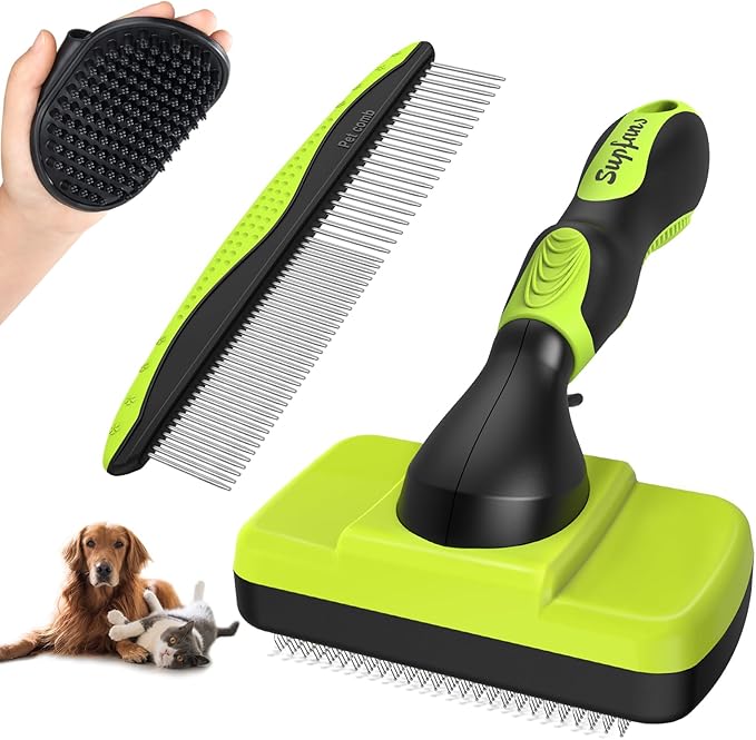 3PCS Dog Grooming Kit - Deshedding Dog Brush, Self Cleaning Slicker Brush, Bath Brush and Comb, Suitable for Hair Removal and Bathing of Dogs & Cats (Green Black)