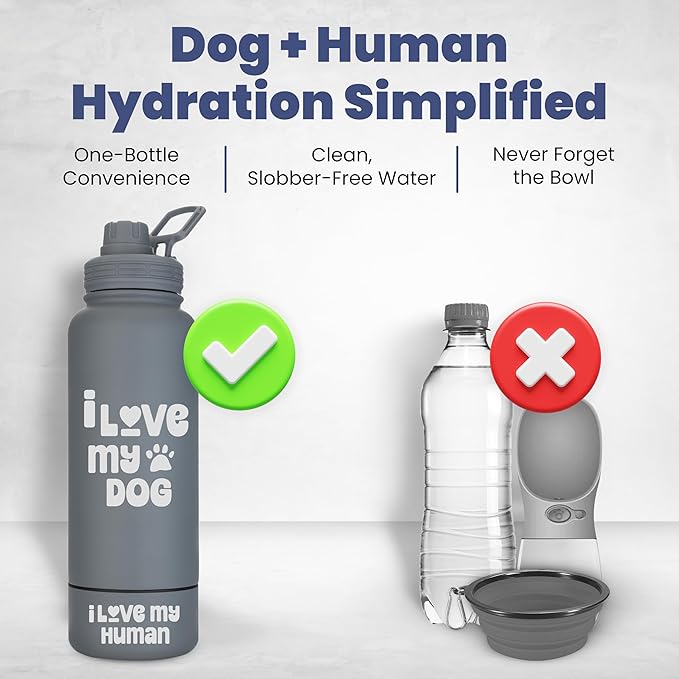 Dog Water Bottle for Dog Lovers - 32 oz Stainless Steel Double Wall Insulated Water Bottle with 8 oz Detachable Bowl on Bottom- Ideal Doggy Lover Gift for Hiking, Walking, Travel - “Love Smoky Grey