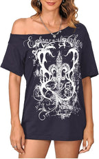 SOLY HUX Women's Off The Shoulder Tops Graphic Tees Y2k Vintage Gothic Oversized T Shirts Streetwear