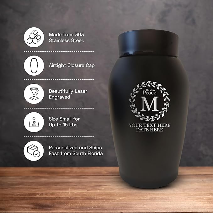 Personalized Custom Small Keepsake Urn Engraved with Pet Name, Date and Cat Design - 5.2" Black Powder Coated Steel Cremation Urn for Cat Ashes | 12-16 lb Capacity, Circular Leaves Border