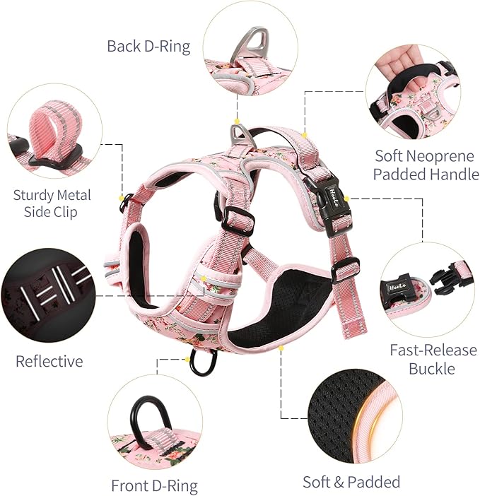 HEELE Dog Harness Harness for Small Dogs No Pull Dog Vest Harness for Small Dog with Soft Padded Handle Reflective for Outdoor Training, Flower-Pink, S