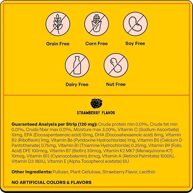 Multivitamin for Dogs & Cats | Vitamins C, K2, B, D, A, Omega, Calcium & Zinc for Growth & Development, Heart, Liver & Joint Health, Performance & Immunity (30 Oral Dissolving Strips)