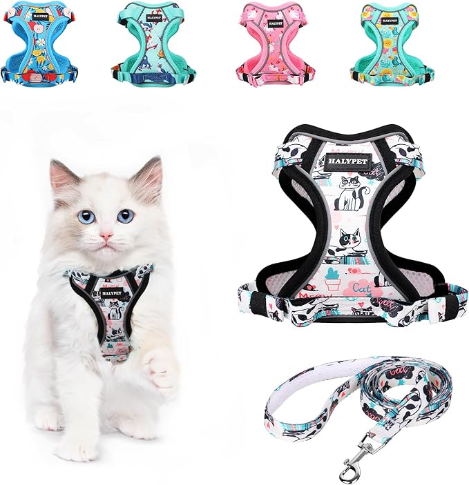 Halypet Cat Harness and Leash Set[MAX Safety 4th-Gen] Cute Escape Proof Vest Harness for Girl&Boy Cat Walking, Comfortable Adjustable Leash and Reflective Strips for Outdoor Kitten, XS Inky Meowy