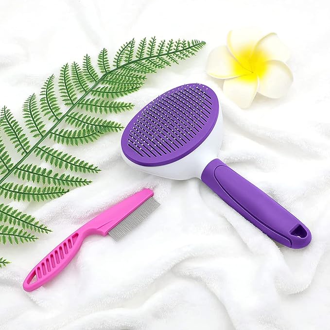 Cat Brush for Shedding, Cat Hair Brush with Release Button for Indoor Cats Dogs Self Cleaning Grooming(Purple)