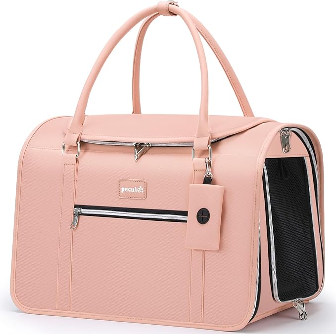 Pecute Stylish Cat Carrier Up to 13lbs, Soft Sided Small Dog Travel Carriers, Collapsible Pet Carrier for Small Cats and Dogs with Locking Safety Zippers, Puppy Carrier Airline Approved -Pink