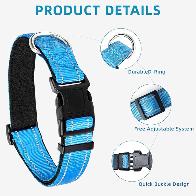 Reflective Dog Collar, Soft Neoprene Padded Nylon Pet Collar with Quick-Release Buckle, Adjustable for Large Dogs,Aqua Blue,L