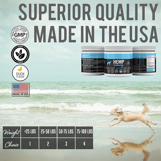 Calming Treats for Dogs with Organic Hemp Oil, Tryptophan, Chamomile, Passion Flower & Valerian - Stress & Anxiety Relief for Separation, Travel, Fireworks, Storms and Barking - 120 Soft Chews..