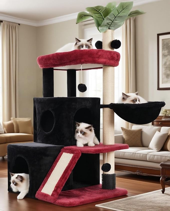 Cat Tree for Indoor Cats Large Adult, Heavy Duty Cat Tower for Big Cats, Cat Tree House with Self Groomer Brush, Big Padded Top Perch, Scratching Post, Hammock, Black and red GCT011MU