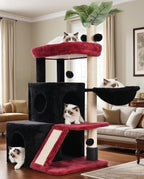 Cat Tree for Indoor Cats Large Adult, Heavy Duty Cat Tower for Big Cats, Cat Tree House with Self Groomer Brush, Big Padded Top Perch, Scratching Post, Hammock, Black and red GCT011MU