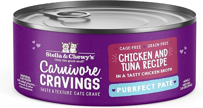 Stella & Chewy's Carnivore Cravings Purrfect Paté - Premium Grain-Free Wet Cat Food - Chicken & Tuna Recipe - High Protein with Bone Broth - Perfect for Picky Eaters - 2.8oz Cans (24 Pack)