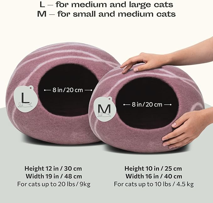 MEOWFIA Cat Cave – Premium Felt Cat Bed for Indoor Cats, Handmade 100% Merino Wool (Light Shades) (Large, Pink)