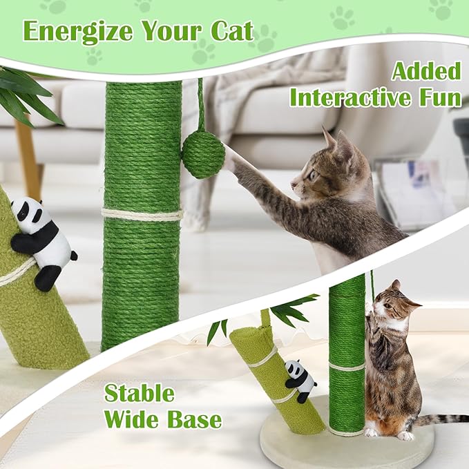 Cat Scratching Post for Large Cats and Kitten, 33 Inch Tall Nature Sisal Cat Scratchers for Indoor Cats with DanglingToy Ball and Cute 3D Panda Adult Cat Tree with Bamboo Shape for All Cats