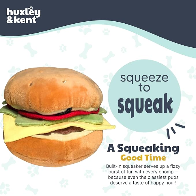 Huxley & Kent Funny Dog Toy w/Squeaker – Power Plush Squeaky Dog Toys for Small, Medium & Large Dogs – Soft Stuffed Animal for Indoor Play & Fetch - Hamburger, Large