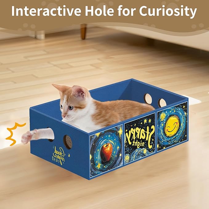Heavy Duty Cardboard Cat Scratcher Box, Cat Bed with Double-Sided Cardboard Scratch Pad, Interactive Hole Design, Scratch Lounge Bed Suitable for Cats to Rest(Star Pattern)
