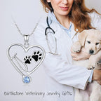 Birthstone Veterinary Stethoscope Necklace 925 Sterling Silver Nurse Vet Pendant with Dog Paw Nurse Jewelry Gifts for Veterinarian Nurse Women Veterinarian Gifts