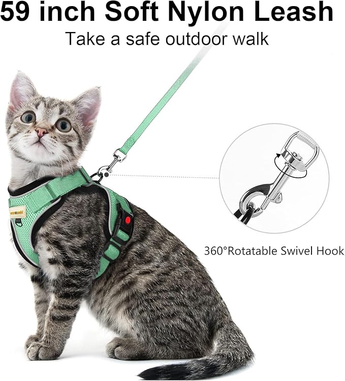 Cat Harness and Leash for Walking, Retractable Cat Harnesses and Leash Set Escape Proof, Breathable Soft Kitten Small Large Harness for Travel Training and Walking, Green, S