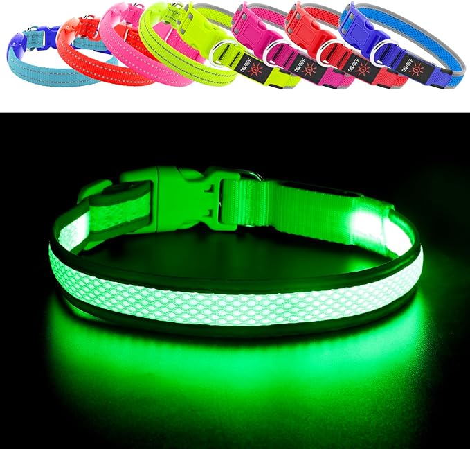 YFbrite Light up Dog Collar, USB Rechargeable LED Puppy Collar Super Bright Adjustable Glowing Dog Lights for Night Walking (Green, Medium)