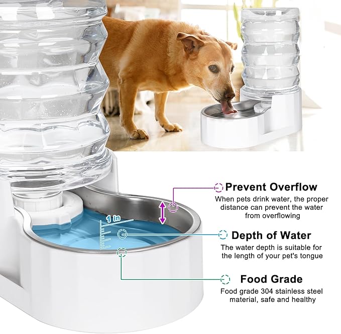 RIZZARI Automatic Gravity Pet Waterer: 7L White Stainless Steel Water Dispenser - 100% BPA-Free - Large Capacity Water Feeder for Cats and Small and Medium-Sized Dogs