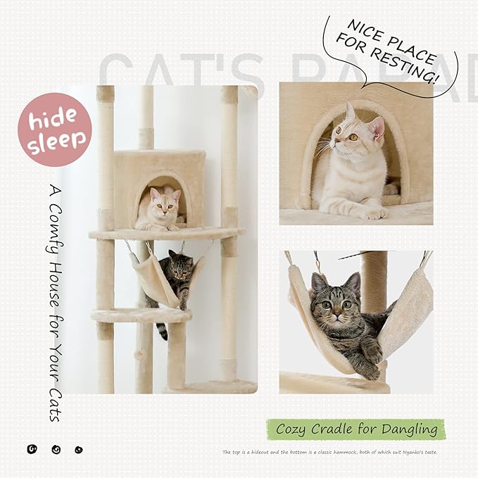 PEQULTI Floor to Ceiling Cat Tree 92.9’’-101.6’’ Height Adjustable Cat Tower Tall Kitty Climbing Play House with Scratching Posts, Cozy Condo, Perches and Large Hammock for Indoor Cats Beige