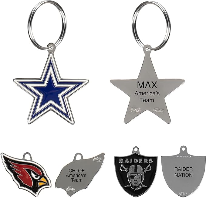 NFL Dallas Cowboys Engraving Pet ID Tags in 32 Team Logo Shapes Personalized Dog Tags and Cat Tags with 3 Lines of Customizable Text for Tracking & Safety. Stainless Steel Pet ID Tracking Tags