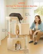 XL Cat Tree 44" Cat Tower for Large Cats 20 lbs+, 2 Spacious Caves with 3.4" Thickened Scratching Post, Large Top Perch, 2 Interactive Toys, Beige
