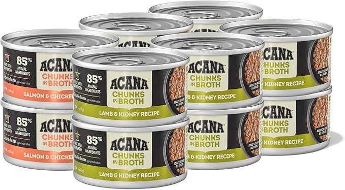 ACANA Chunks in Broth Wet Cat Food Variety Pack: Salmon & Chicken + Lamb & Kidney Recipes 3oz Cans (12 Count, 6 of Each)