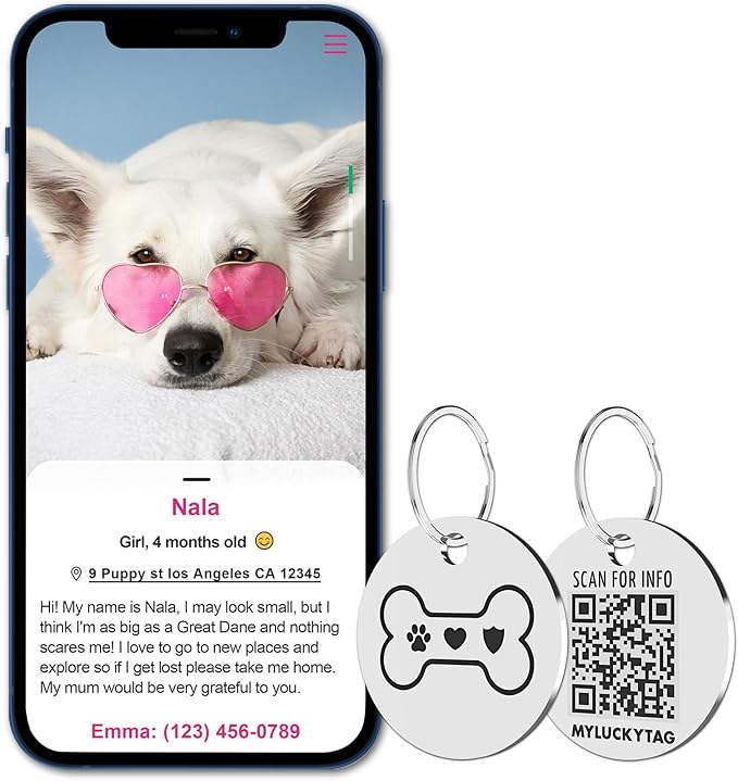 MYLUCKYTAG Stainless Steel QR Code Dog Tags - Scan for Instant Pet Location Alerts