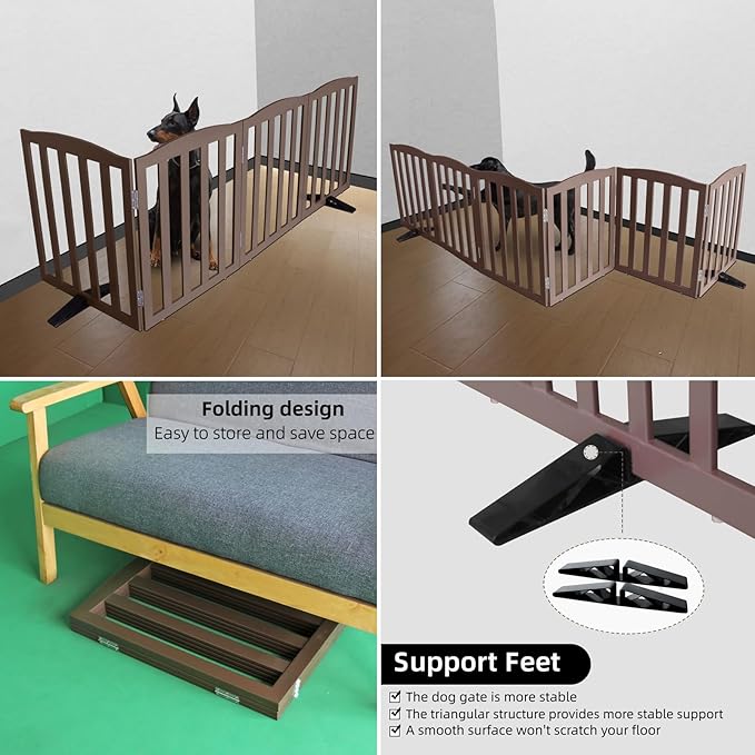 ZJSF Foldable Freestanding Indoor Dog Gate for House Wood Long Pet Gates Dog Fence for Stairs Puppy Gates for Hallways, Puppy Gate,Support Feet Included, Brown, 32 "Height-2 Panels
