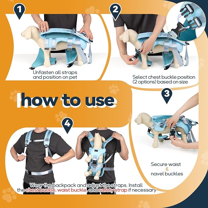 Pet Dog Front Carrier Backpacks, Legs Out Secure-Fit Dog Front Carrier for Small Dogs Up to 17 lbs, Adjustable Hands Free Pet Chest Carrier for Hiking Cycling (M, Blue)