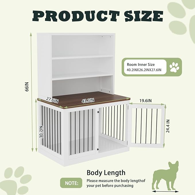 43 inches Furniture Style Dog Crate Wooden Dog Cage Indoor Heavy Duty Dog Kennel Decorative Pet Crate End Table for Large Medium Small Dog,White